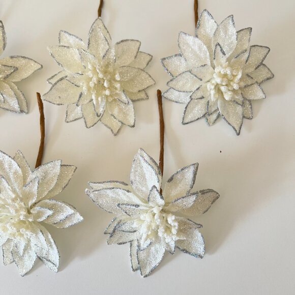 Artificial White Poinsettia Stems with Silver Glitter – 6pc Glam Holiday Décor - Picture 5 of 7